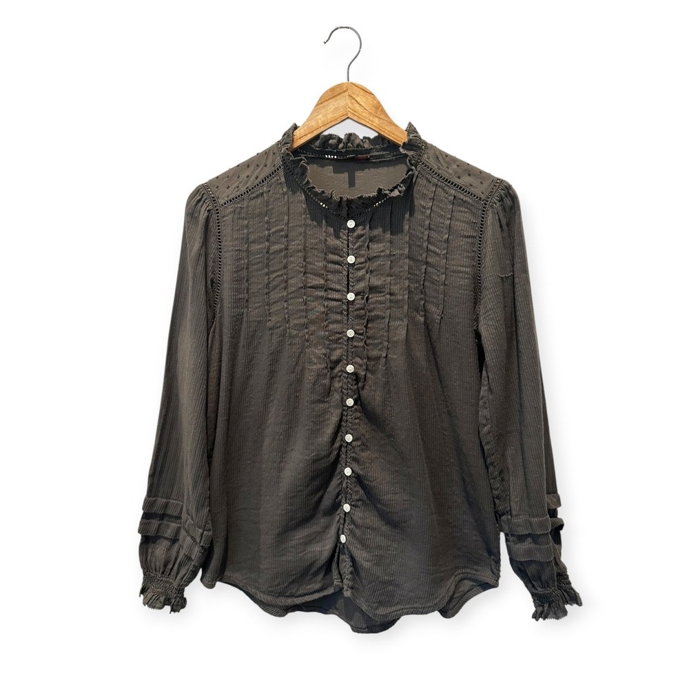 Quince Victorian Pintuck Ruffle Blouse Charcoal Grey S